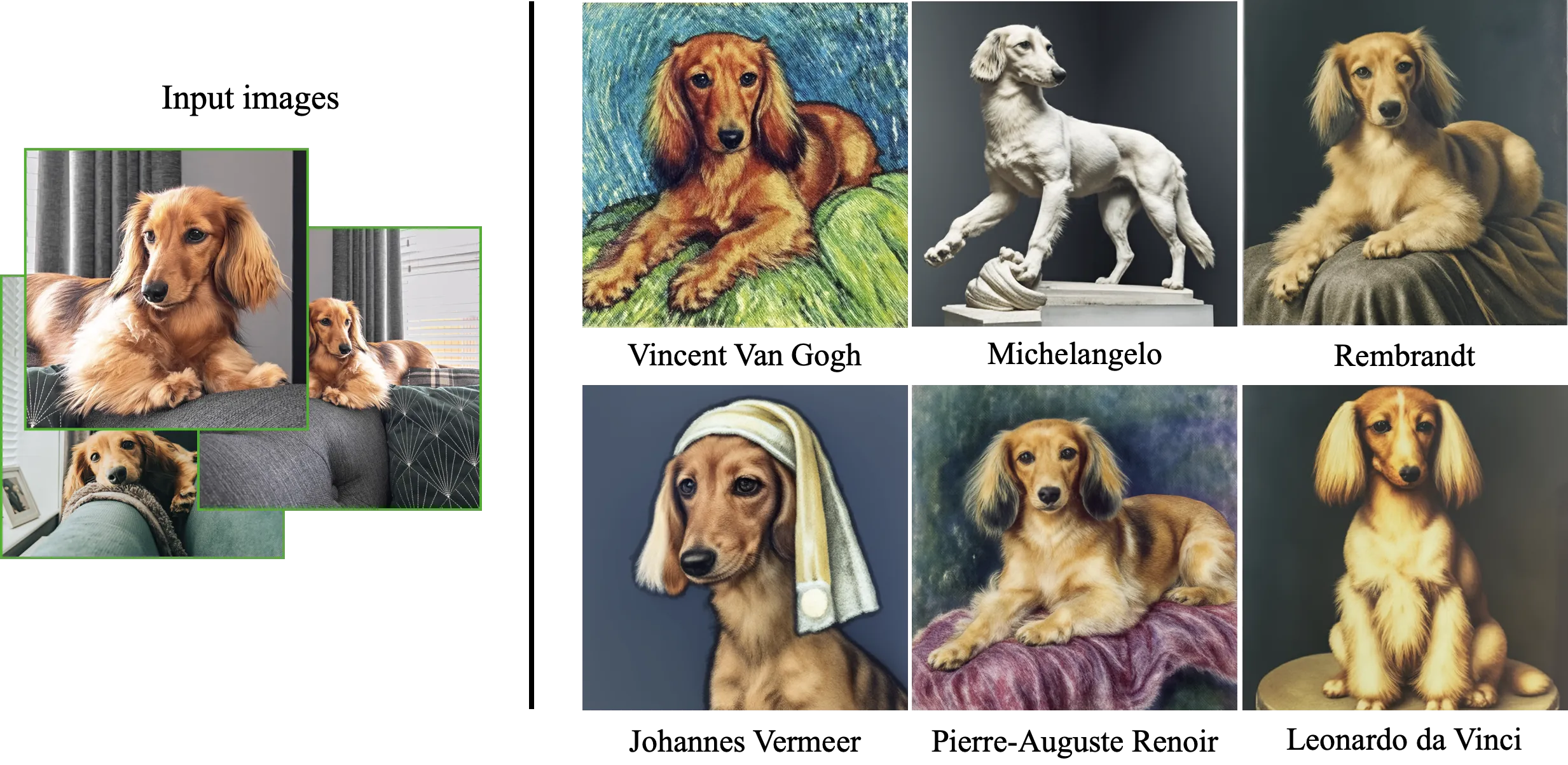 5-dog photos in, endless generated images out. The dataset for these lives here: https://github.com/google/dreambooth/tree/main/dataset/dog5