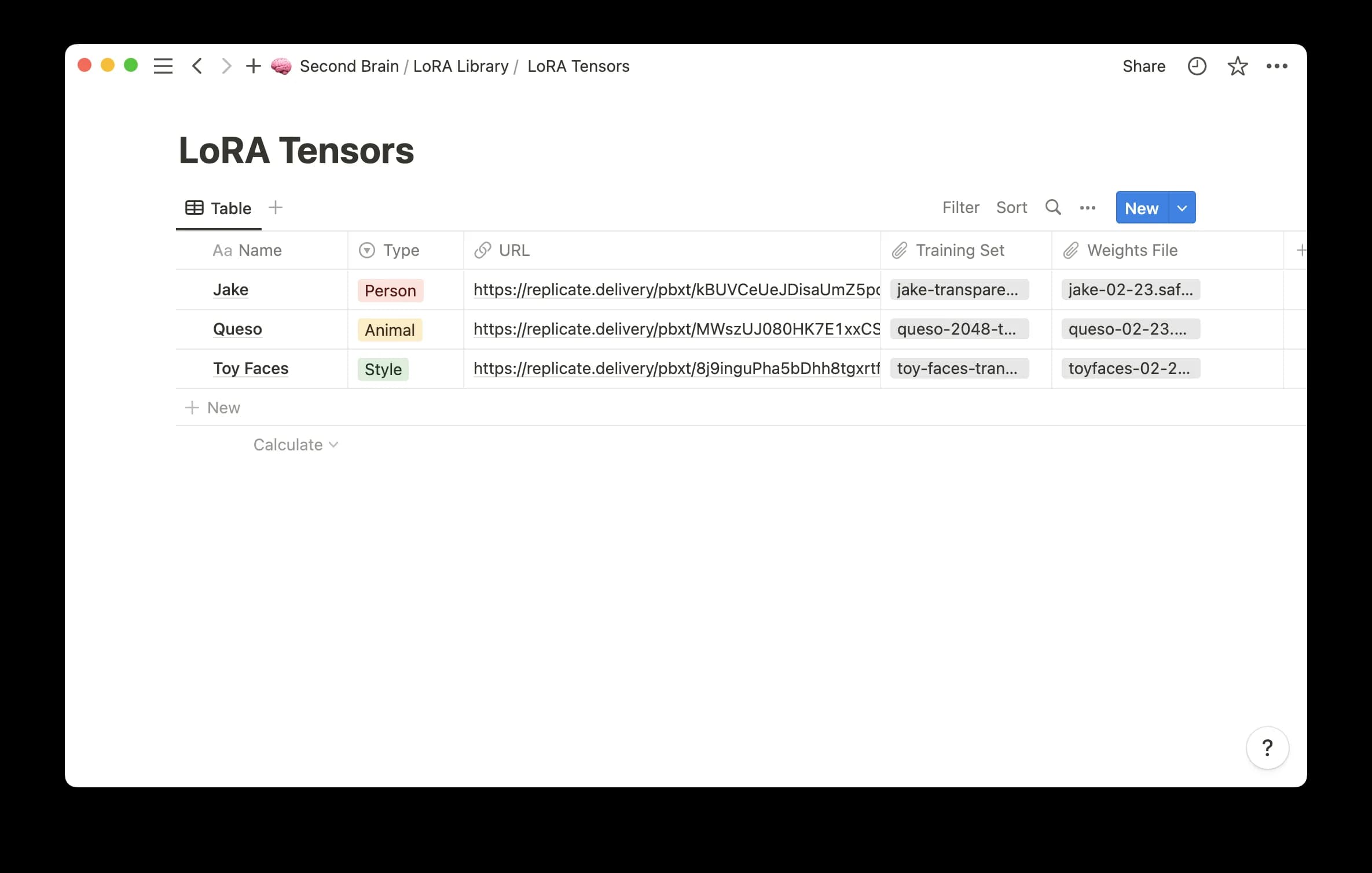 Screenshot my Notion DB, where I store LoRA weights, and their training sets