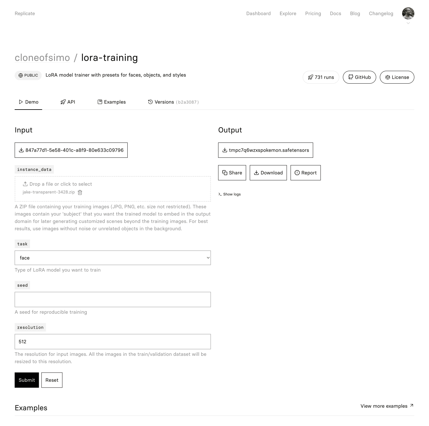 Replicate.com screenshot of the lora-training model