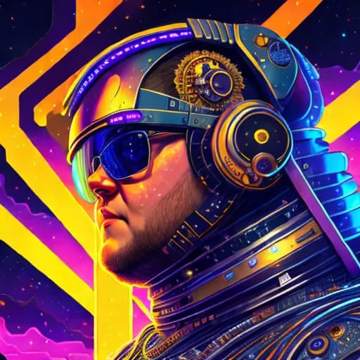 Prompt: close up portrait of <1> in a Sci Fi suit - 4k uhd, hyper detailed, photorealistic, steampunk, lovecraft colors, dan mumford colors, psychedelic black light, epic composition