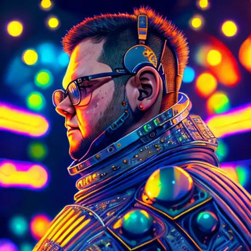 Prompt: close up portrait of <1> in a Sci Fi suit - 4k uhd, hyper detailed, photorealistic, steampunk, lovecraft colors, dan mumford colors, psychedelic black light, epic composition